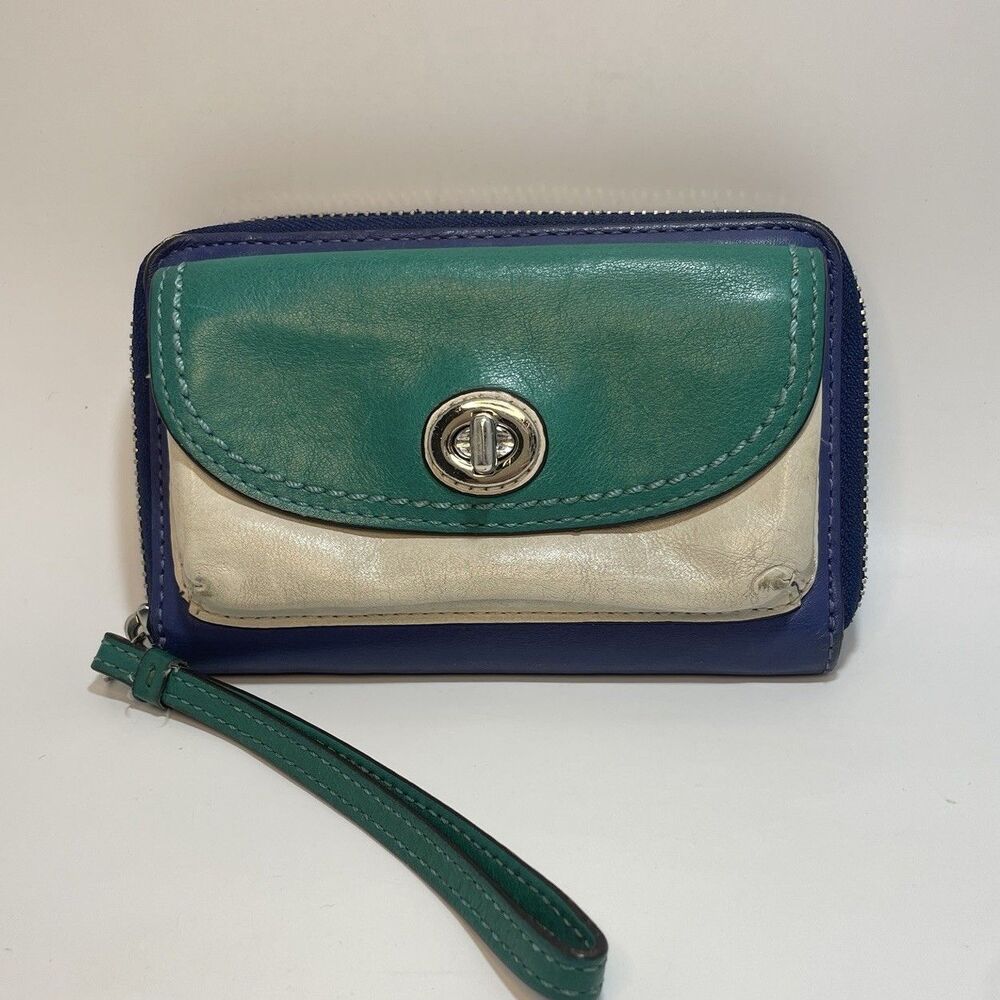 Coach Colorblock Leather Zip Around Wristlet Wallet Blue Green Cream Turnlock